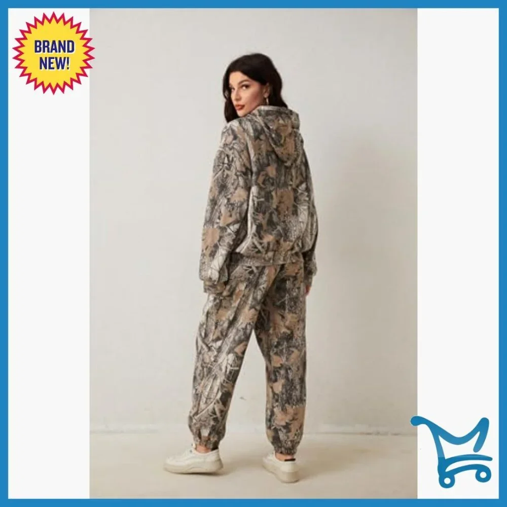 Women's Camo Sweatsuit Set, Fleece Lined Hoodie & Joggers, Loose Fit